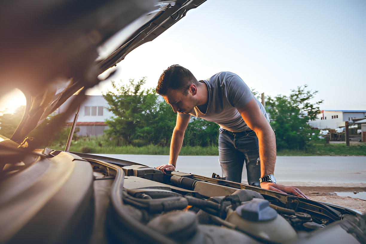 man looking under a car's hood