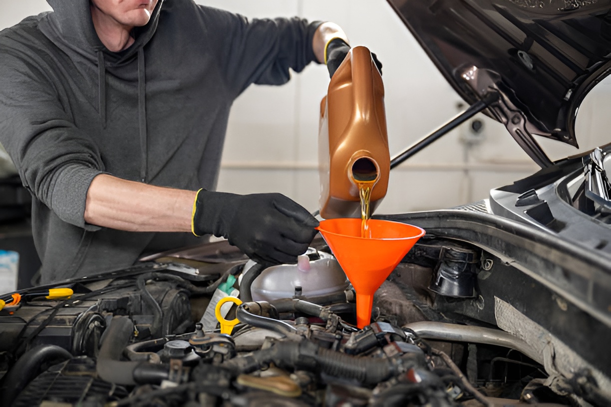 man pouring motor oil into a car engine
